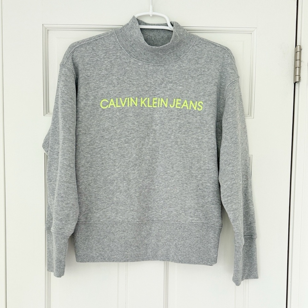 CALVIN KLEIN mock neck sweatshirt size M heathered grey with green Y2K cozy